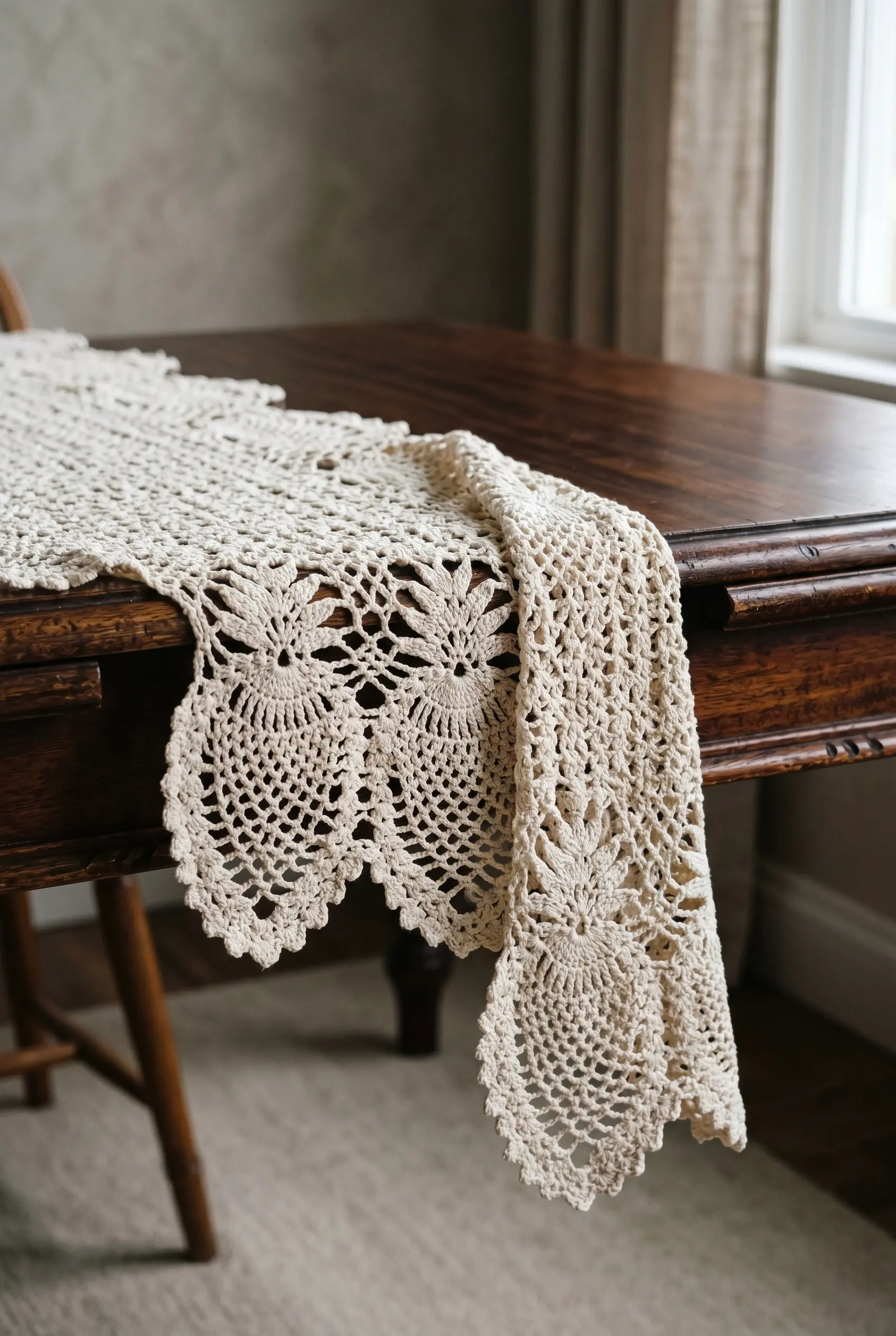5 Vintage Aesthetics: Crochet Tablecloth Designs for Elegant Dining 3 Textural vertical photograph of a heavy crochet tablecloth with classic pineapple stitch border patterns draping over a dark mahogany table edge.