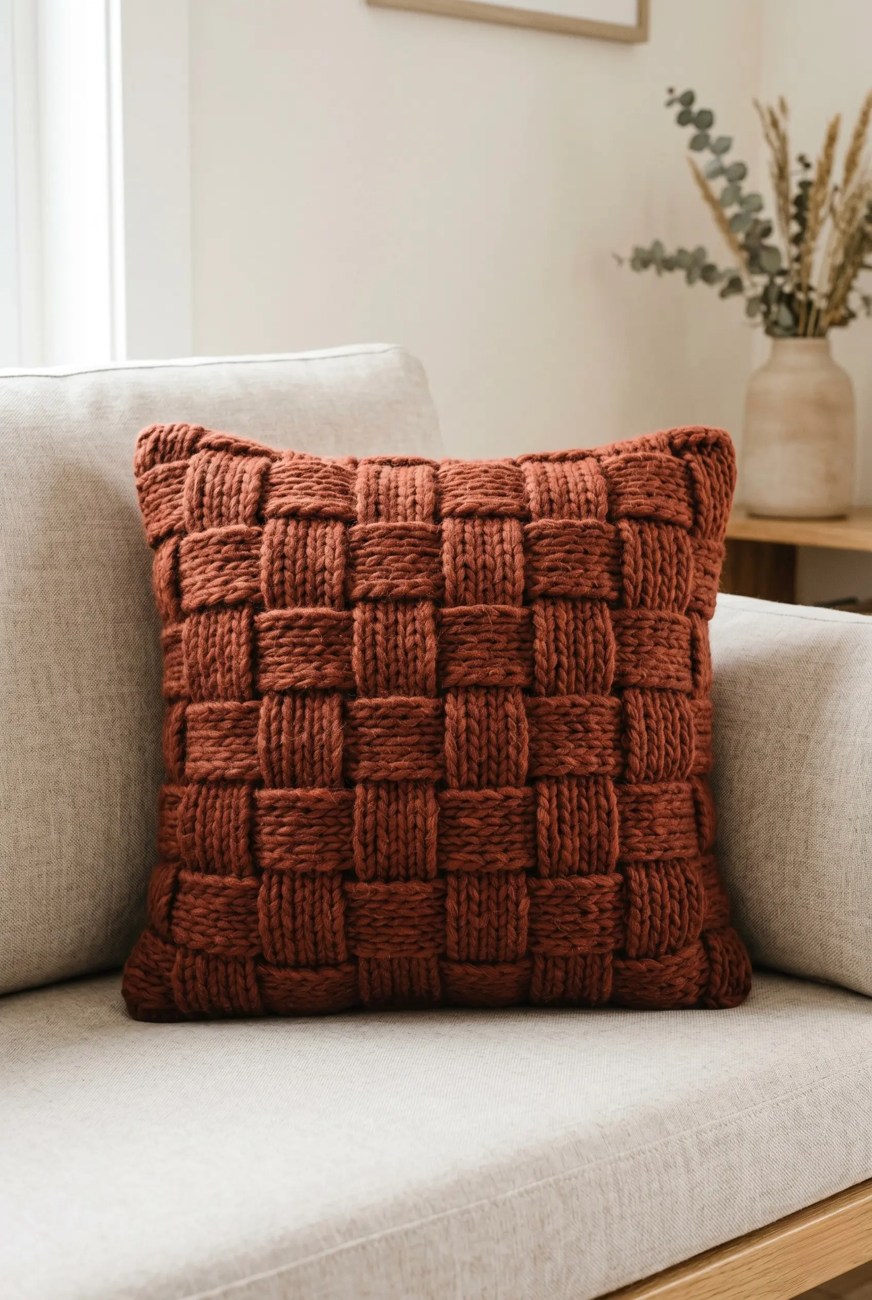 5 Ways Rustic Knitted Throw Pillows Can Completely Upgrade Your Sofa 3 A textured basketweave knitted pillow in deep terracotta sitting upright against a neutral sofa.