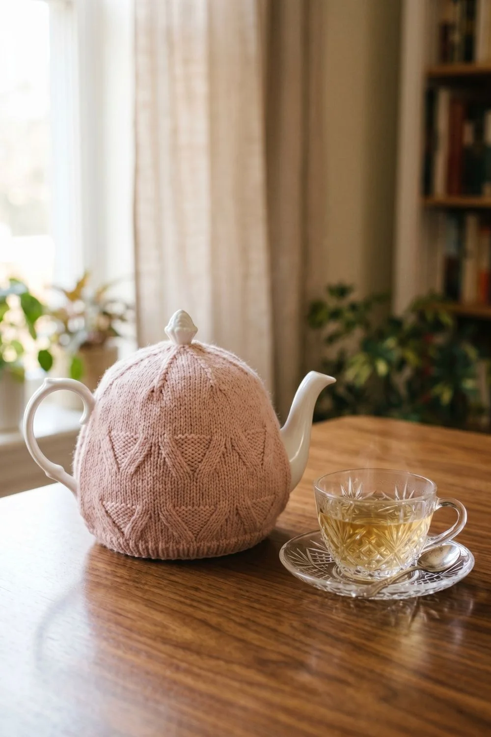 Pink textured knitted teapot cozy dome on a classic white porcelain teapot beside a crystal tea cup.