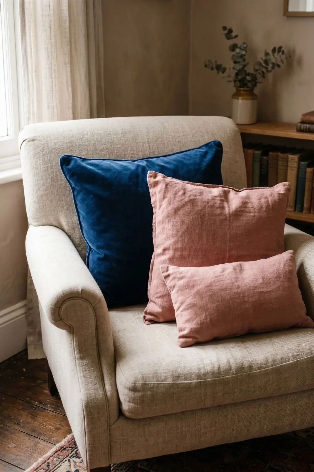 A linen armchair holding three cushions: a moody blue velvet square, a vintage pink linen square, and a smaller vintage pink lumbar cushion