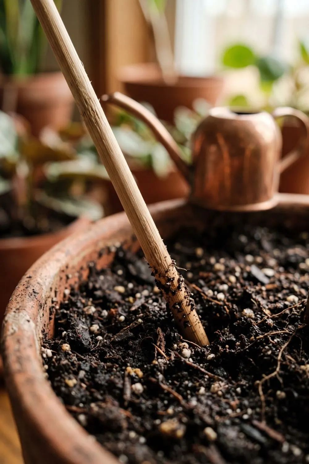 Wooden skewer inserted into potting soil to test moisture before watering
