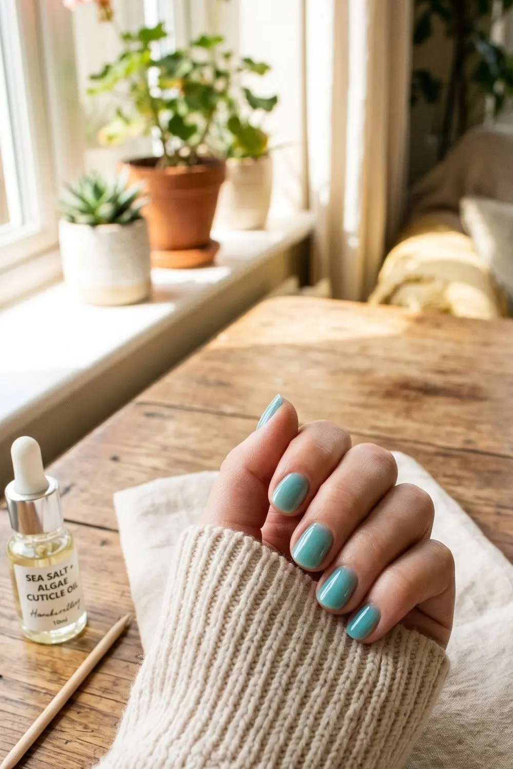 Sea-Glass Blue Jelly Nails: Summer 2026's Coastal-Calm Manicure 4 Hand with sea-glass blue jelly nails beside cuticle oil and a towel at home