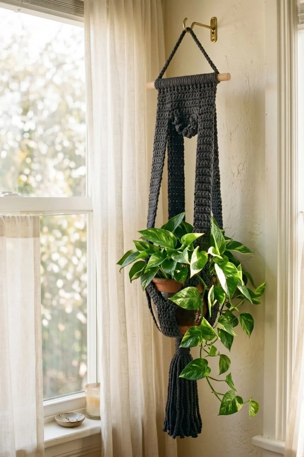 5 Breathtaking Crochet Hanging Baskets to Elevate Your Indoor Garden 4 Chunky, dark charcoal grey crochet hanging planter with structural knot and tassel details, framing a bright window edge with a pothos plant against sheer linen curtains.