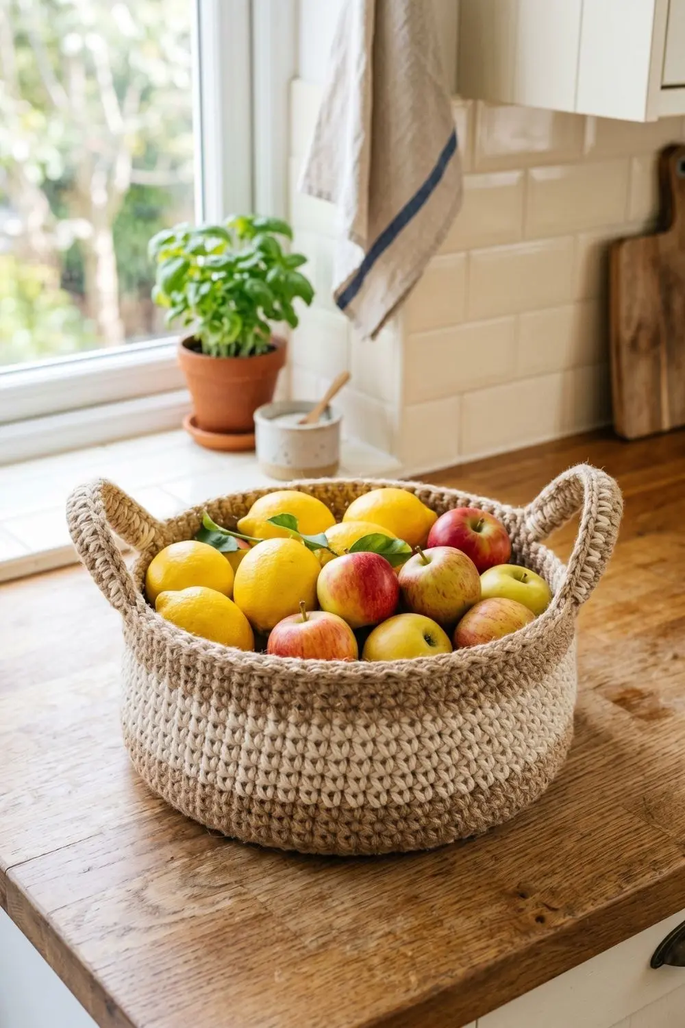 9 Crochet Basket Ideas for Every Room: When Storage Finally Looks Like Decor 4 Natural jute crochet basket with reinforced handles holding fruit on a kitchen counter