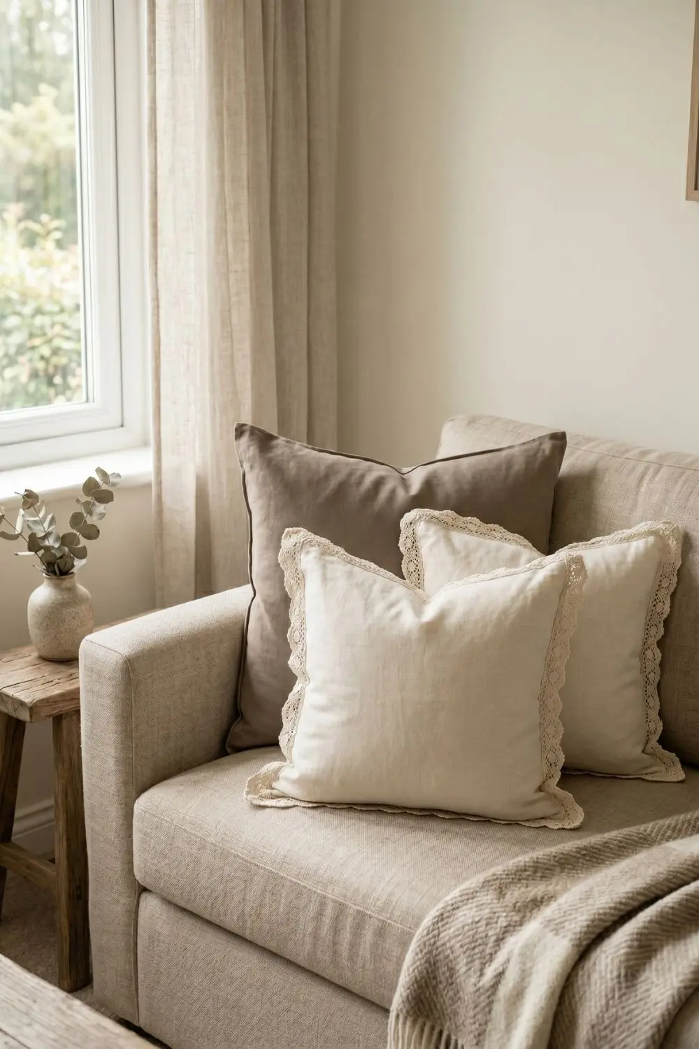 Cream cushions with crochet lace trim layered against a plain taupe cushion on a linen sofa