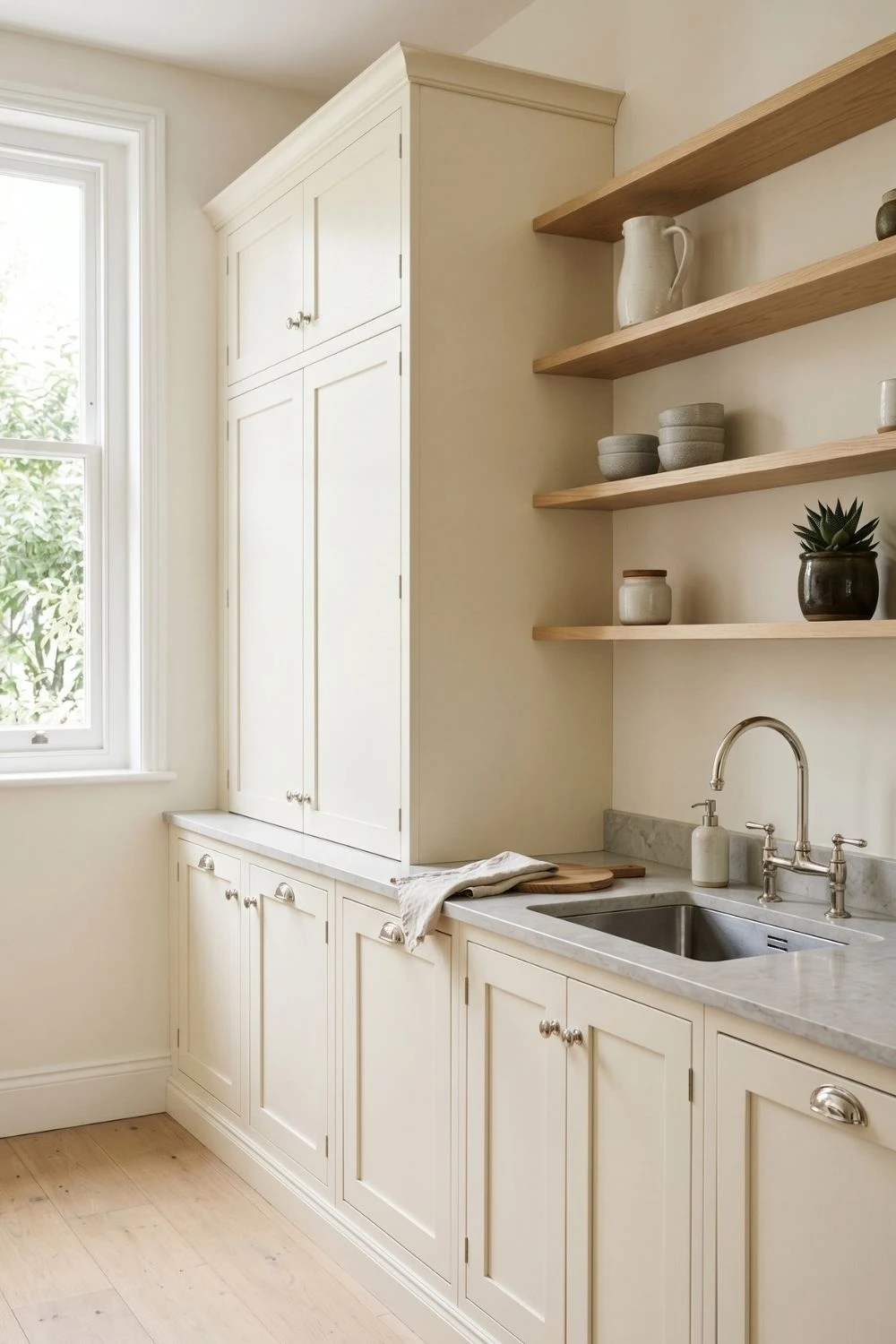 minimal kitchen with creamy warm white full-height cabinets and polished nickel hardware pale grey stone countertop