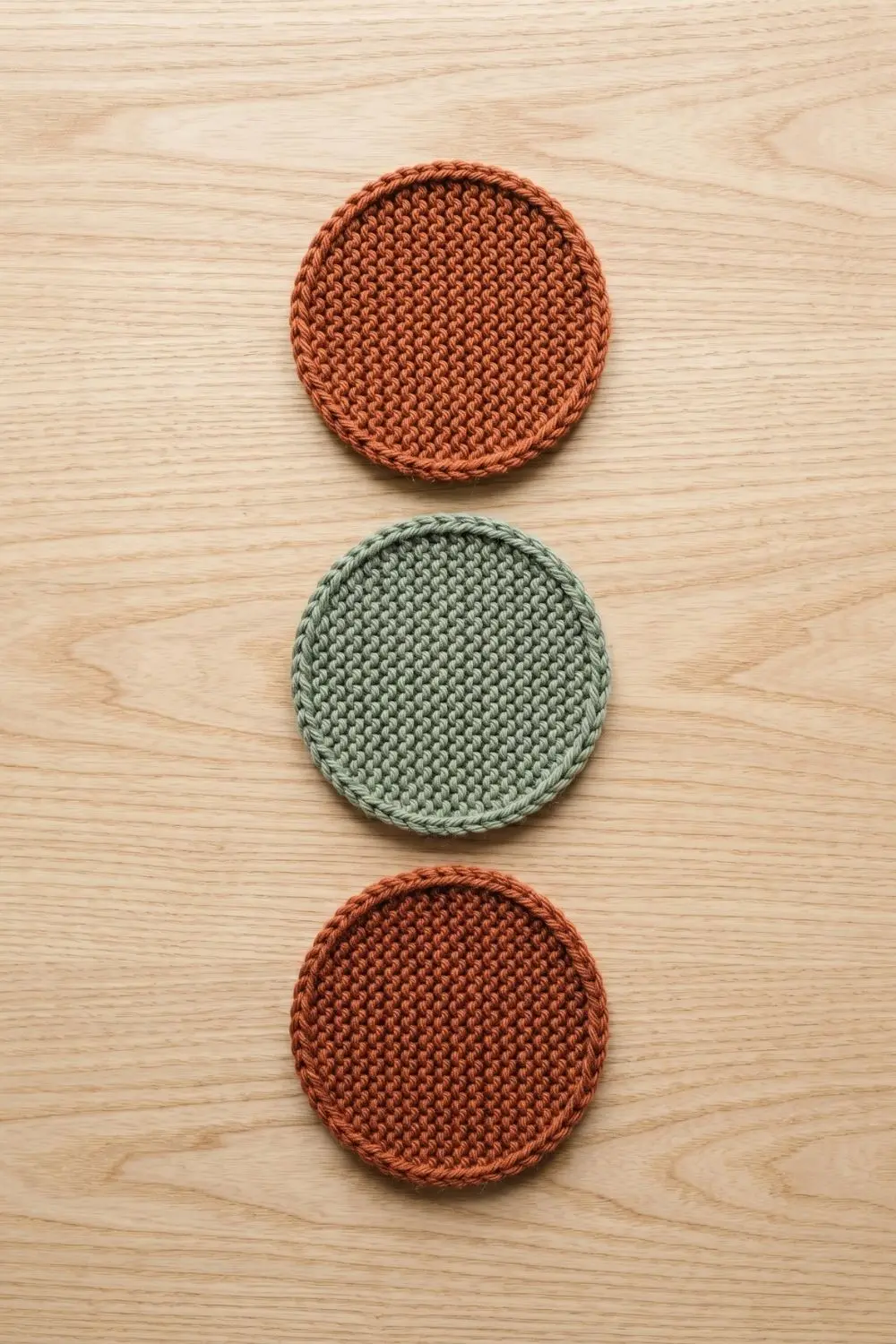 Three round knitted coasters in terracotta and sage green colors on a light ash wood surface.