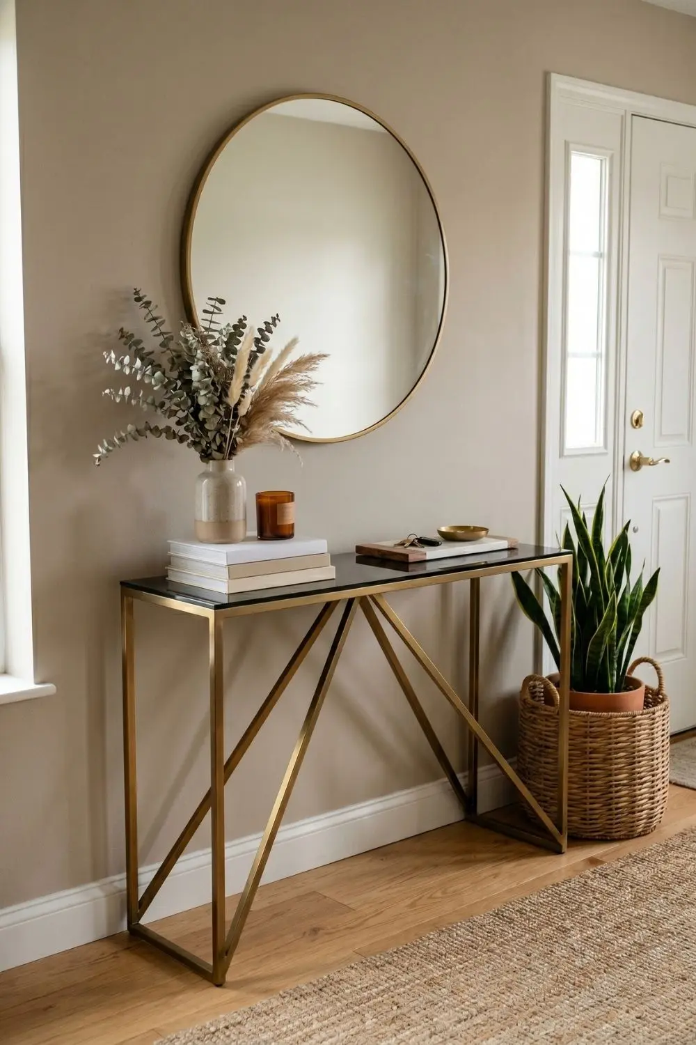 6 Neo Deco Accents Bringing Chrome and Geometric Lines Indoors 5 Console table with angular brass metal legs and a marble top in an entryway