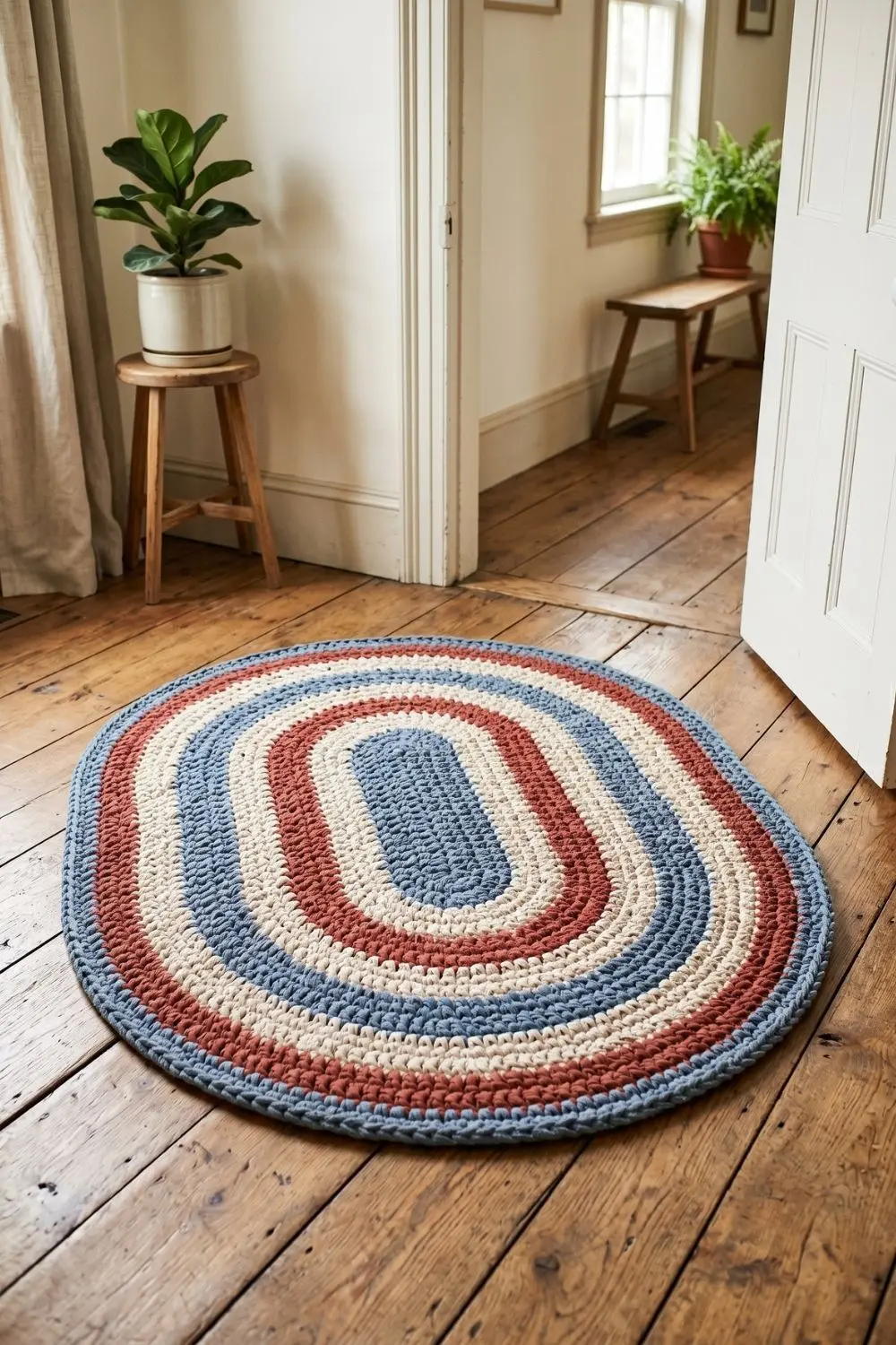 6 Crochet Rugs That Recall Grandmother's Living Room 4 Oval rag-style striped crochet rug in muted blue and cream