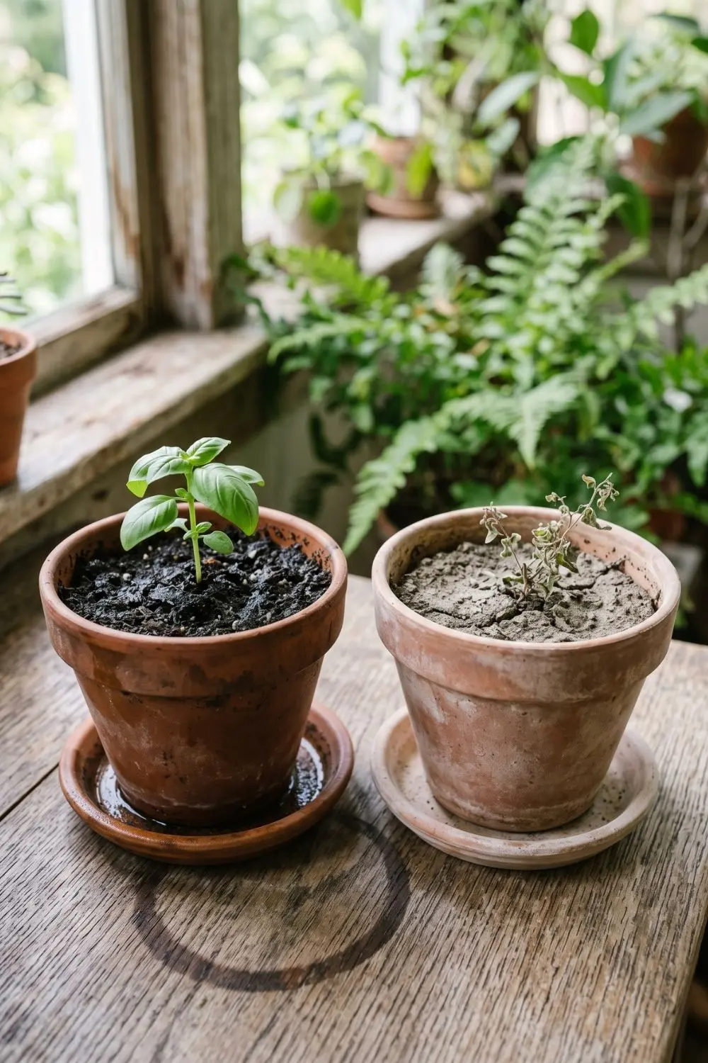 Two terracotta pots compared, one thriving in moist soil and one wilting in dry soil