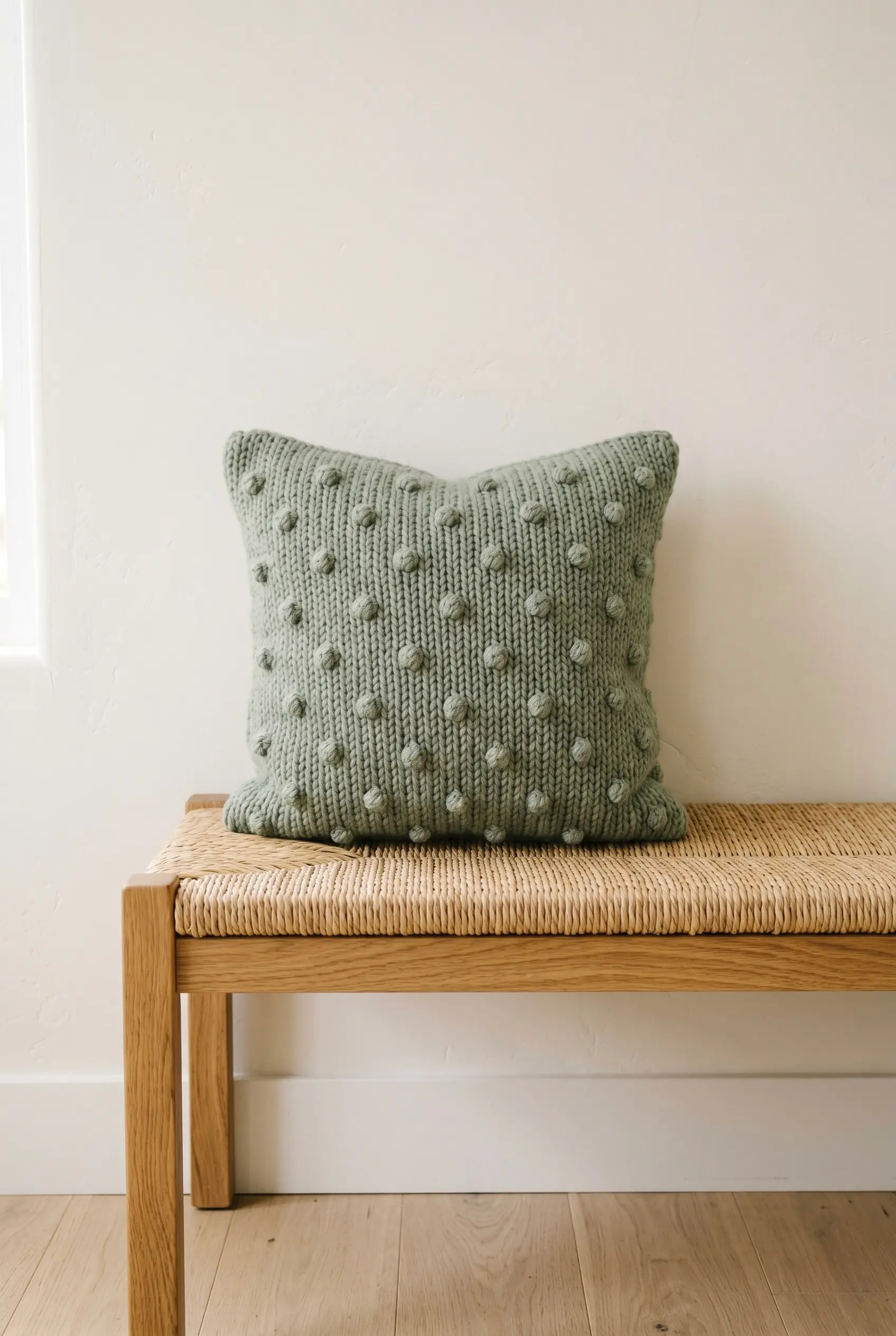 5 Ways Rustic Knitted Throw Pillows Can Completely Upgrade Your Sofa 4 A charming sage green knitted pillow featuring symmetrical bobble details styled on a woven wooden bench.