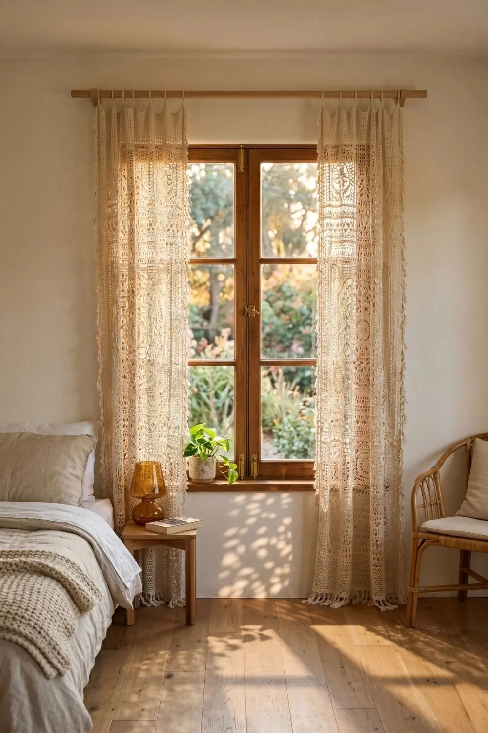 5 Stunning Boho Crochet Wall Hangings to Transform Your Bedroom Retreat 4 Natural sunlight streaming through a minimalist bedroom window, highlighting the textural quality of a white linen bed cover and simple pillows, synthesizing the perfect ambiance.