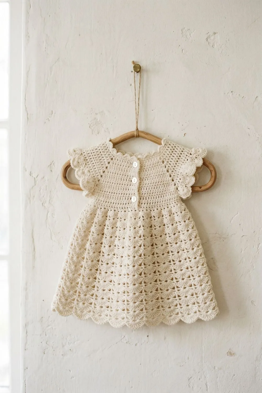 Ivory crochet baby dress with shell-stitch skirt, scalloped lace collar and sleeves, and small white buttons, hanging from a rounded rattan hanger against a white plaster wall