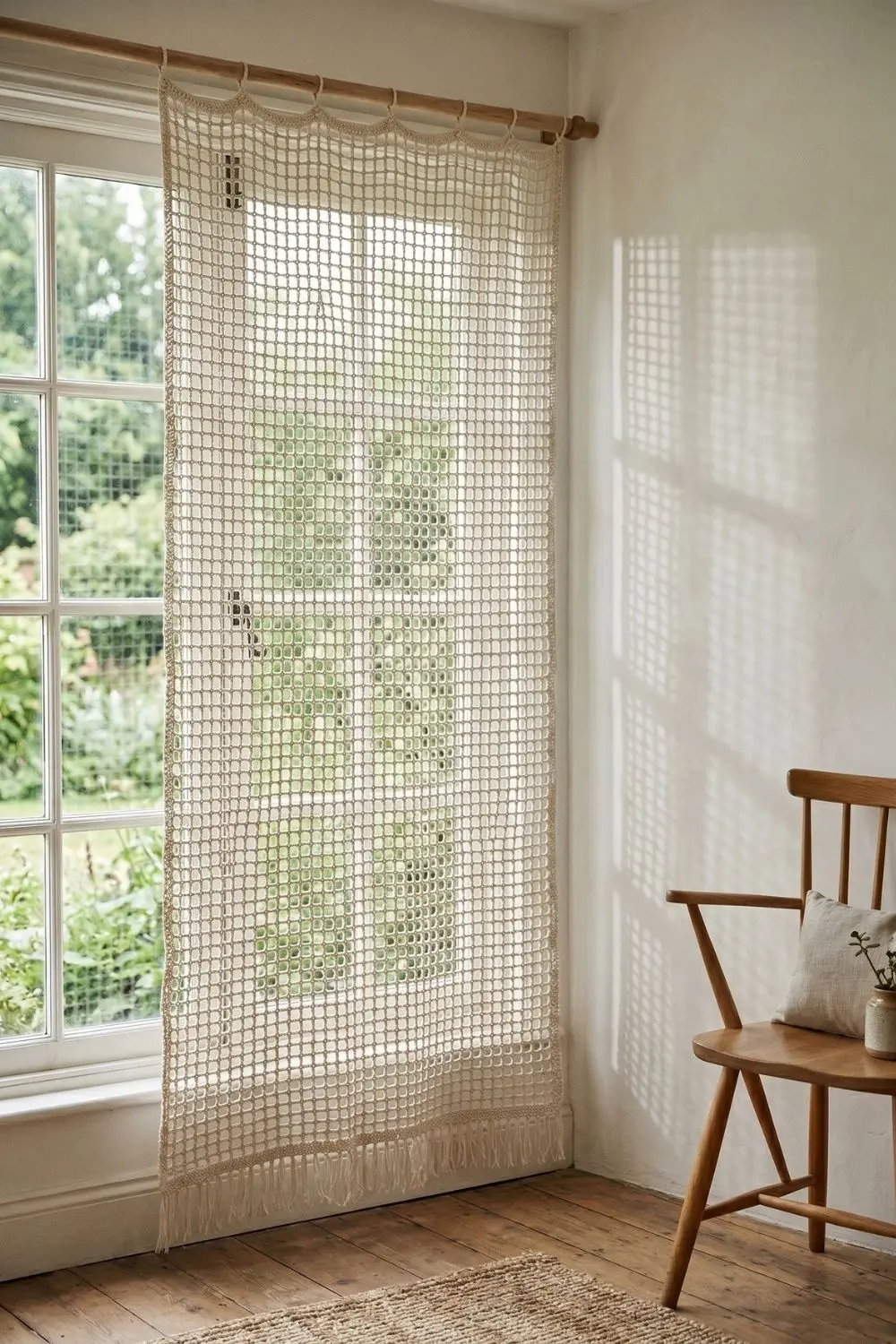 5 Geometric Crochet Wall Hangings That Make a Minimal Home Feel Complete 4 A large open square-mesh crochet panel in natural cotton hanging in front of a window, with soft natural light filtering through the mesh and casting a geometric grid shadow on the adjacent white wall, with a wooden chair visible to the right