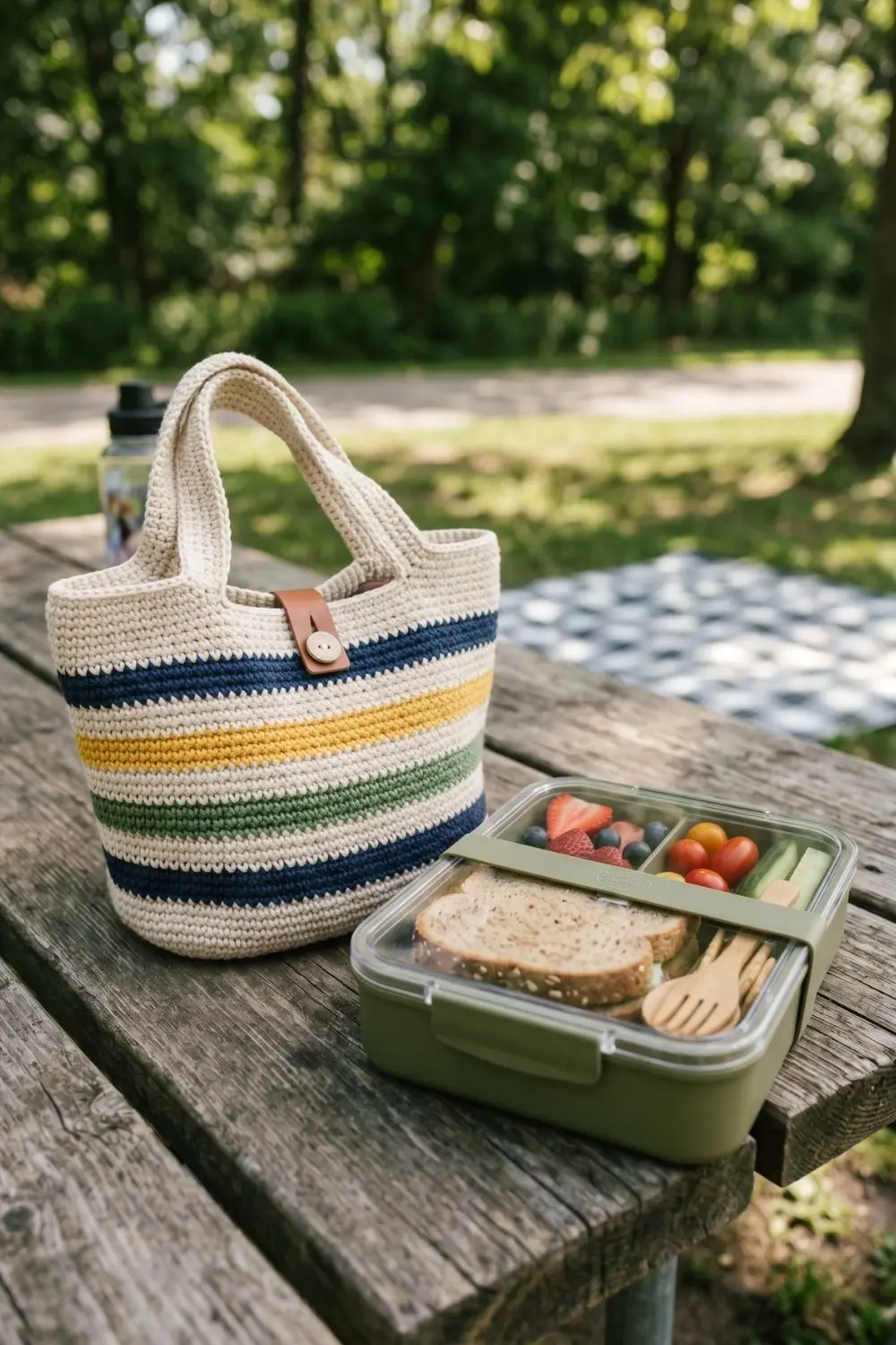 6 Kitchen Crochet Tote Bags for Everyday Use: Styles Worth Sharing With an Artisan 4 Small striped crochet lunch tote bag beside a packed lunch box outdoors