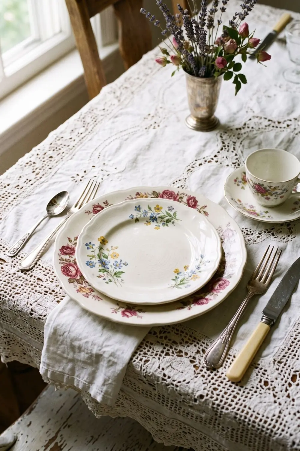 Mismatched vintage floral plates and silverware on a crochet lace tablecloth with lavender and roses in a silver cup