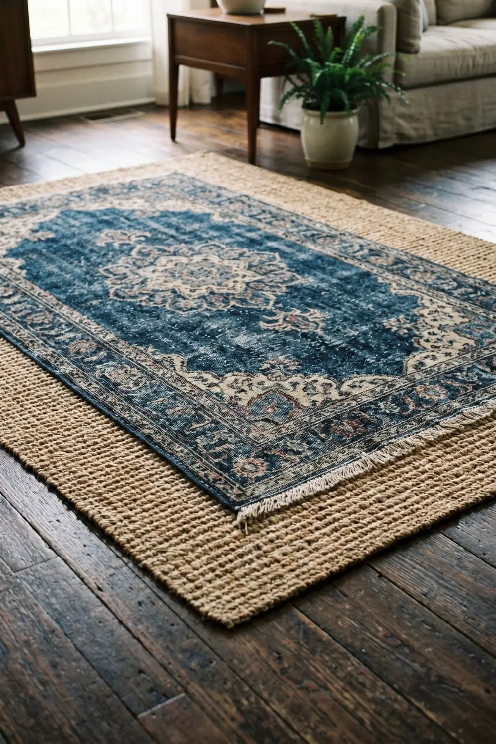 A vintage-pattern area rug in moody blue tones layered over a larger neutral jute rug on a wood floor