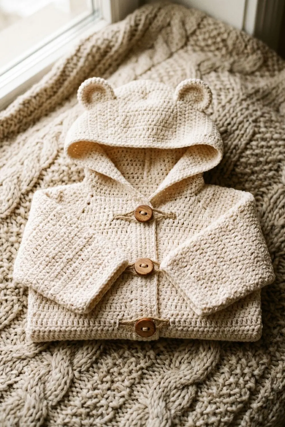 Cream crochet baby jacket with structured bear-ear hood and wooden toggle buttons, gently folded on a chunky textured knit backdrop, soft window light