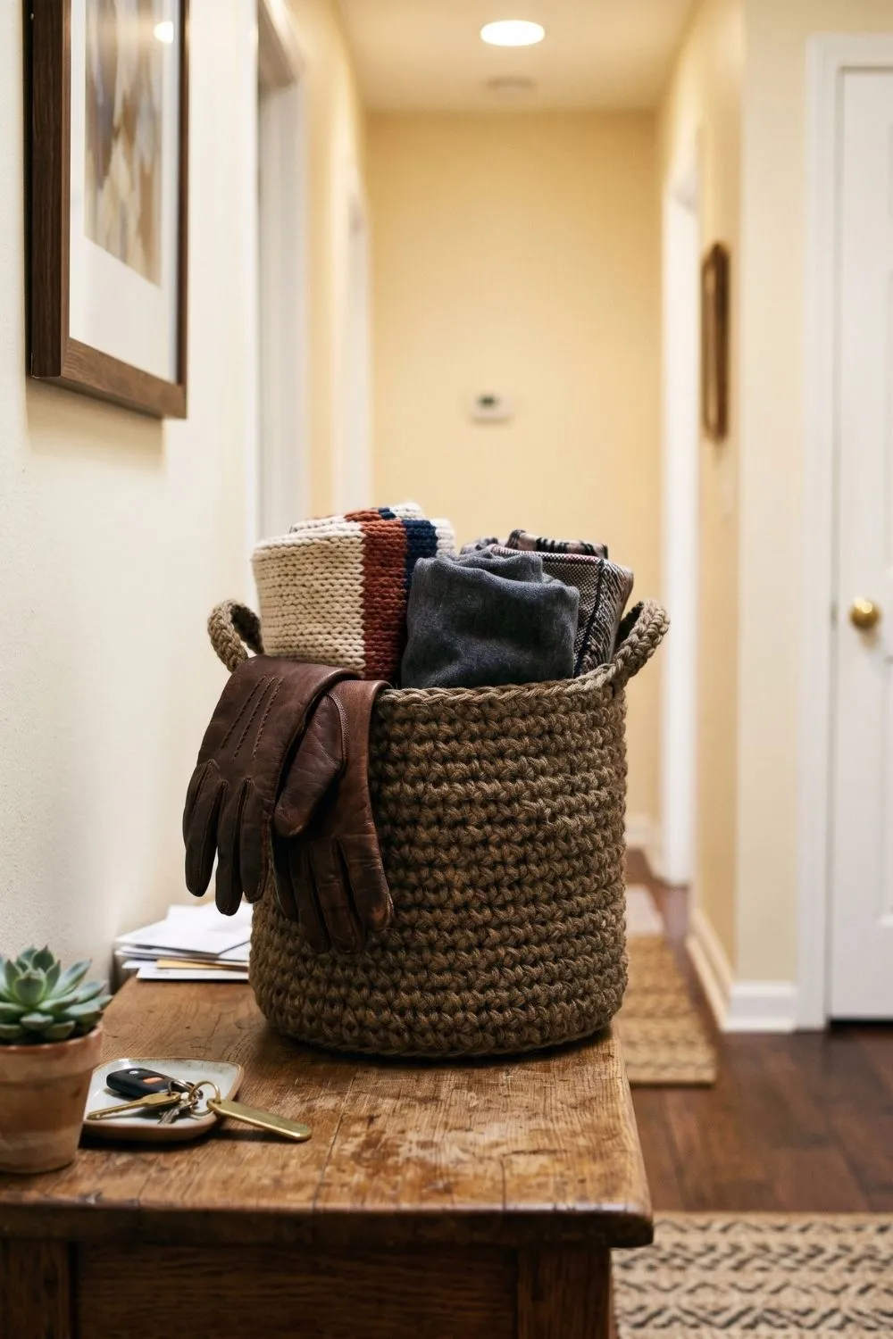 9 Crochet Basket Ideas for Every Room: When Storage Finally Looks Like Decor 5 Mid-height dark jute crochet basket on entryway bench with folded scarves