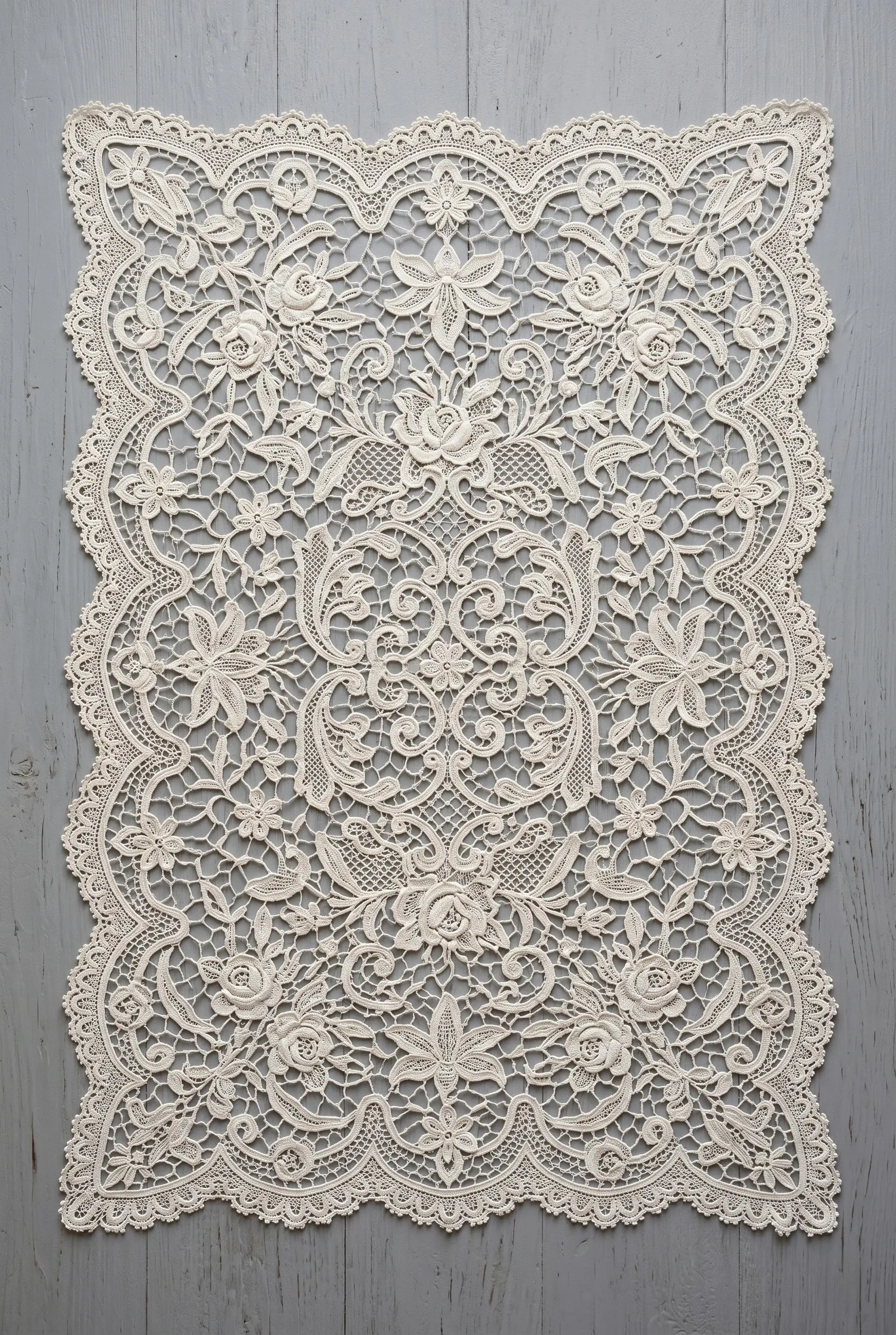5 Vintage Aesthetics: Crochet Tablecloth Designs for Elegant Dining 5 Crisp flat lay photograph of a highly detailed, intricate floral crochet lace tablecloth resembling traditional Brussels lace on grey wood.