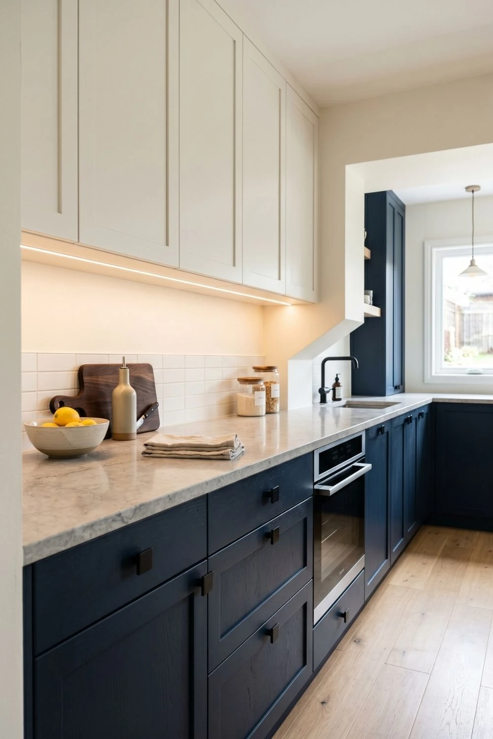 midnight navy lower kitchen cabinets with matte black hardware and off-white upper cabinets light grey stone countertop