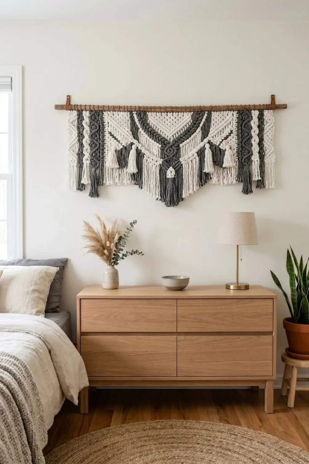 5 Stunning Boho Crochet Wall Hangings to Transform Your Bedroom Retreat 5 A sleek, wide and narrow two-tone (grey and off-white) horizontal macrame wall hanging styled above a modern low wooden dresser sparingly decorated with pampas grass and a lamp.