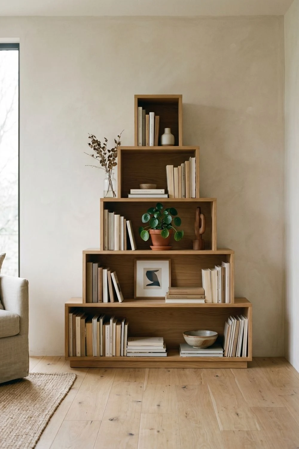 6 Neo Deco Accents Bringing Chrome and Geometric Lines Indoors 6 Tiered ziggurat-style bookcase styled simply with books in a neutral room