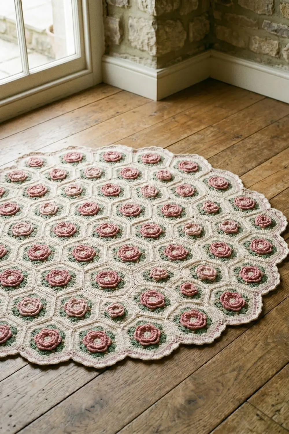 6 Crochet Rugs That Recall Grandmother's Living Room 5 Rose motif medallion crochet rug in dusty pink and sage