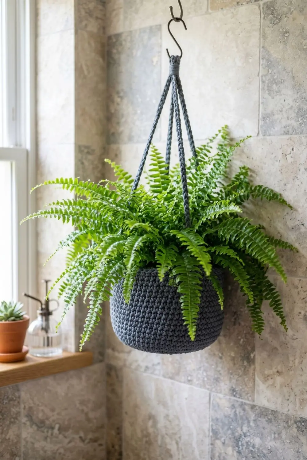 5 Breathtaking Crochet Hanging Baskets to Elevate Your Indoor Garden 5 Moisture-resistant slate grey textured crochet hanging basket holding a lush Boston fern, suspended by an S-hook in a stylish bathroom with polished stone tiles.