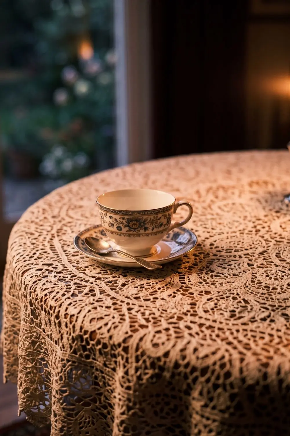 Vintage floral teacup and saucer with a spoon set on a tan crochet lace tablecloth