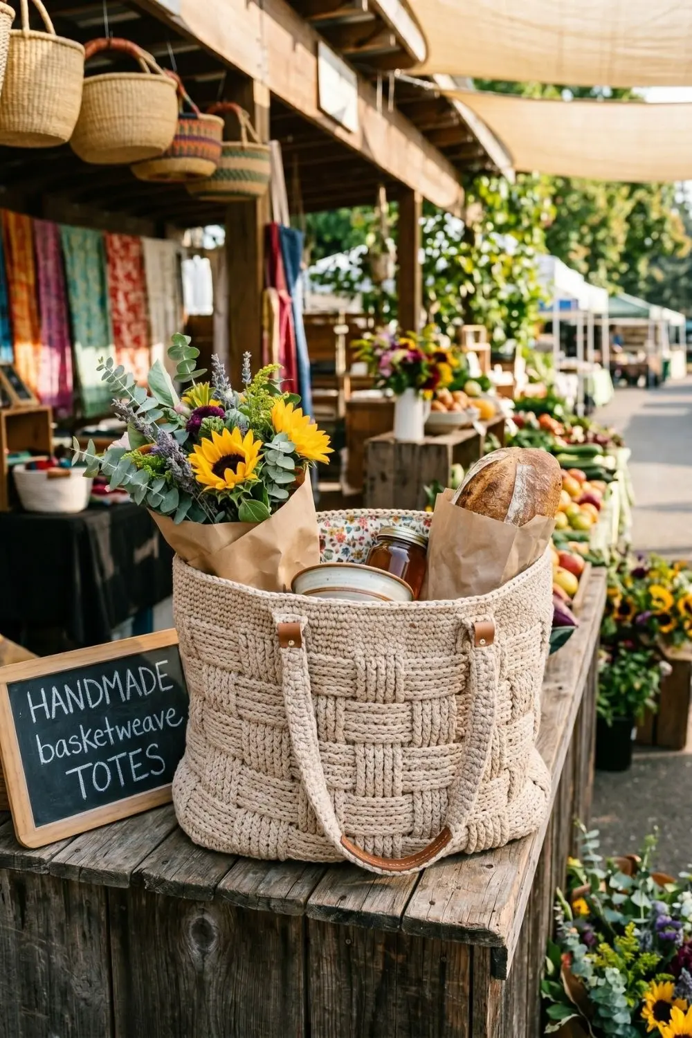 6 Kitchen Crochet Tote Bags for Everyday Use: Styles Worth Sharing With an Artisan 5 Wide basket-weave crochet tote bag standing open at an outdoor market stall