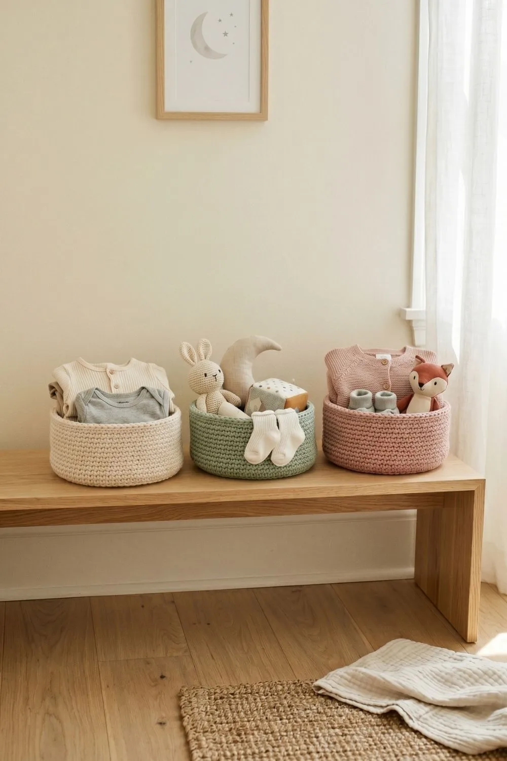 9 Crochet Basket Ideas for Every Room: When Storage Finally Looks Like Decor 6 Three small cotton crochet baskets on a low nursery shelf holding board books and toys