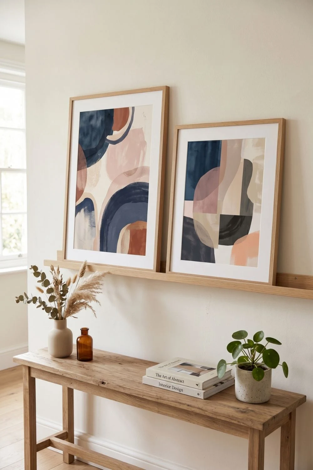 Two framed abstract art prints in moody blue, vintage pink, and terracotta tones leaning on a wall-mounted picture ledge above a wooden console table