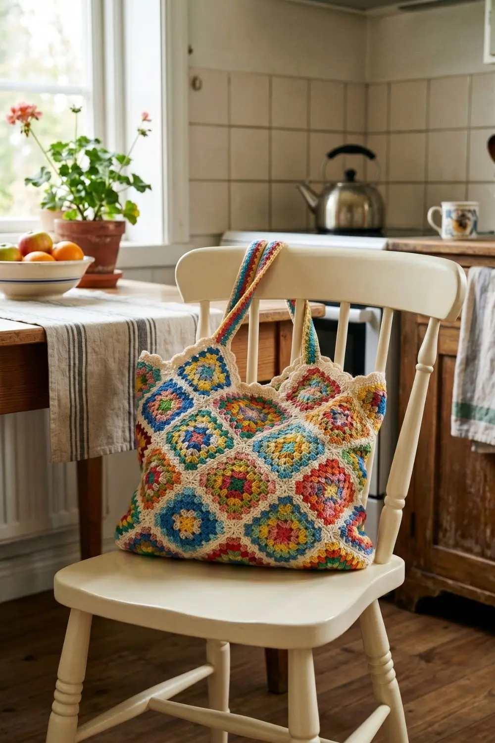 6 Kitchen Crochet Tote Bags for Everyday Use: Styles Worth Sharing With an Artisan 6 Granny square patchwork crochet tote bag resting on a kitchen chair