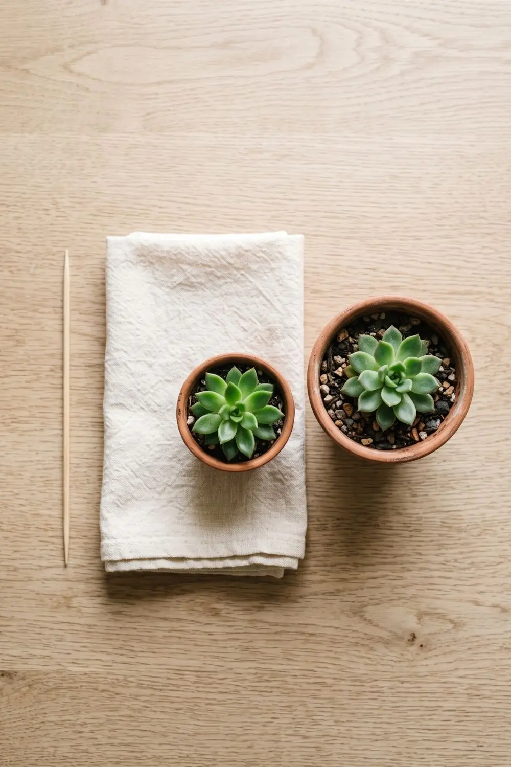 Flatlay of a wooden skewer, cloth, and terracotta pots for a simple houseplant watering routine