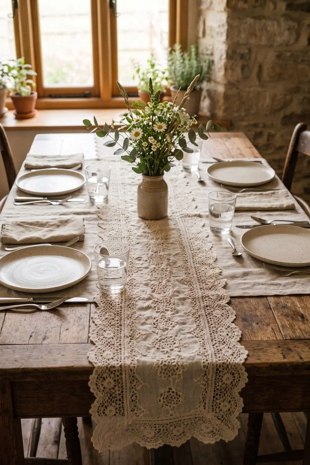 White lace table runner laid over a farmhouse dining table with simple plates, napkins, and a wildflower vase