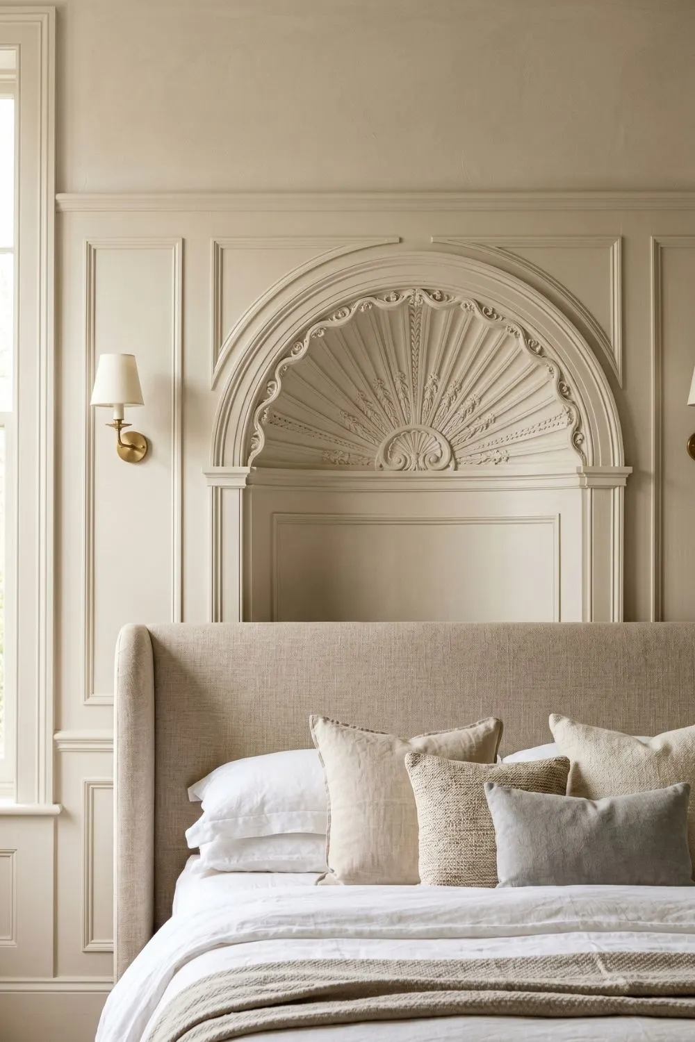 6 Neo Deco Accents Bringing Chrome and Geometric Lines Indoors 7 Fan-arch boiserie wall panel detail above a headboard in a neutral bedroom