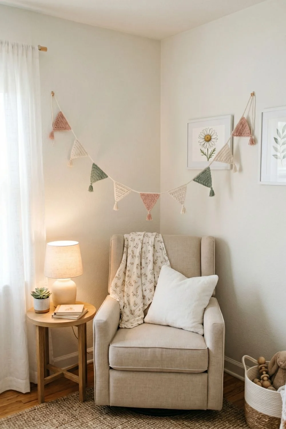 8 Crochet Wall Hanging Ideas for a Calm Nursery Corner: Soft Designs Worth Saving 6 Crochet pennant garland in blush, sage, and cream draped above a glider chair