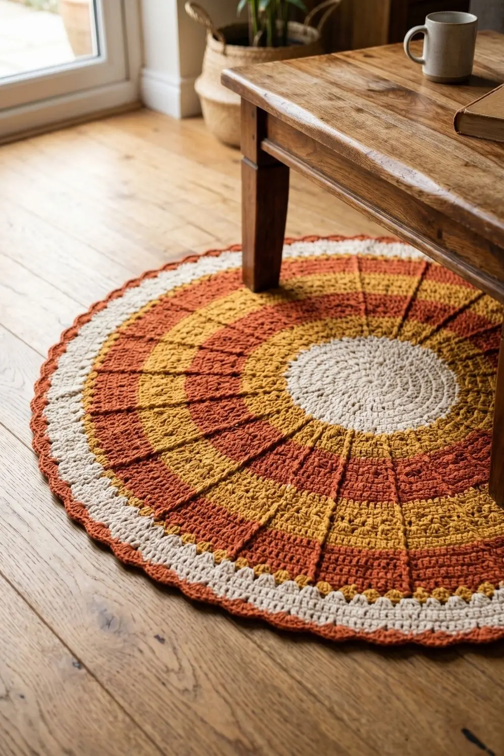 6 Crochet Rugs That Recall Grandmother's Living Room 6 Sunburst circular crochet rug radiating from the centre