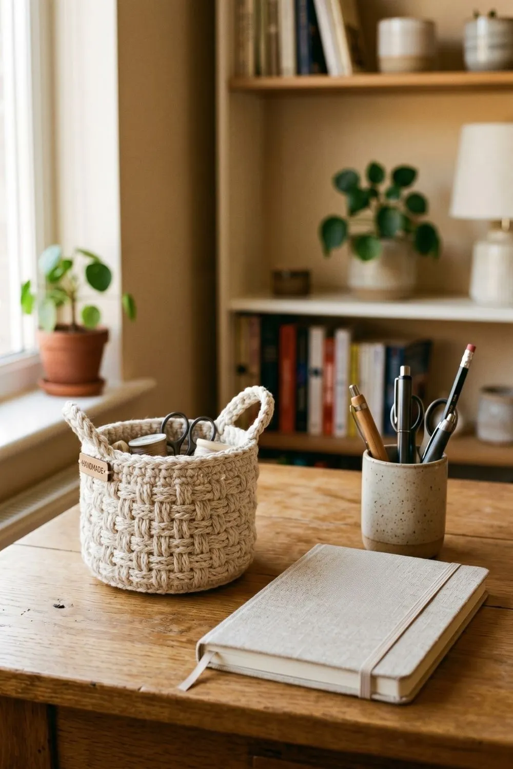 9 Crochet Basket Ideas for Every Room: When Storage Finally Looks Like Decor 7 Small natural cotton crochet basket on a wooden desk beside a notebook and pen cup