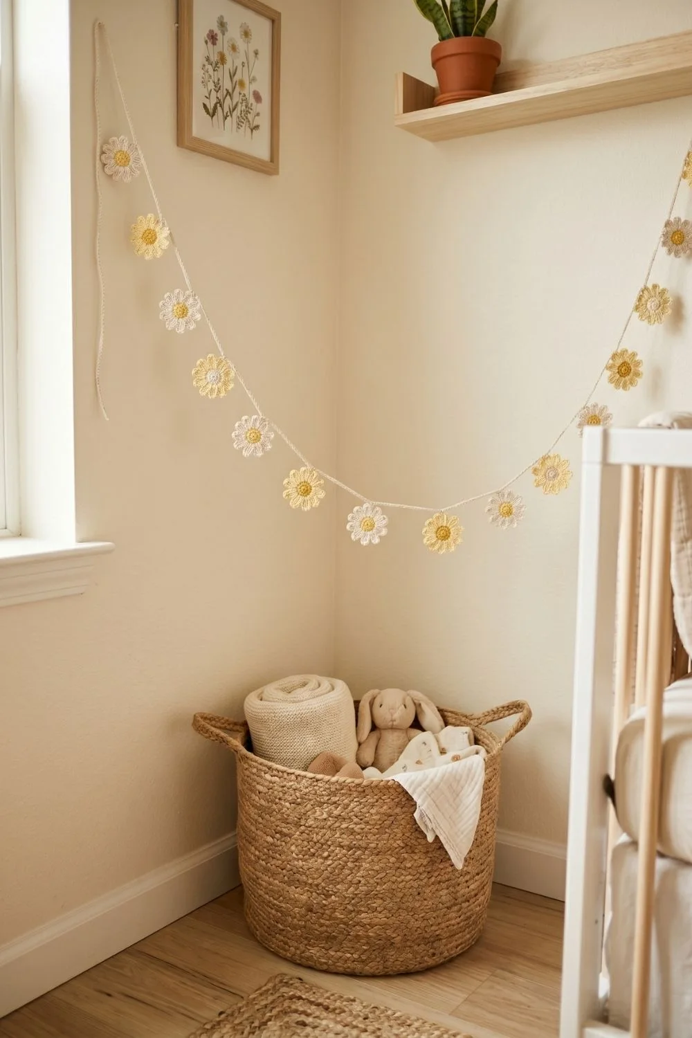 8 Crochet Wall Hanging Ideas for a Calm Nursery Corner: Soft Designs Worth Saving 7 Crochet daisy garland in cream and butter-yellow draped diagonally on a nursery wall