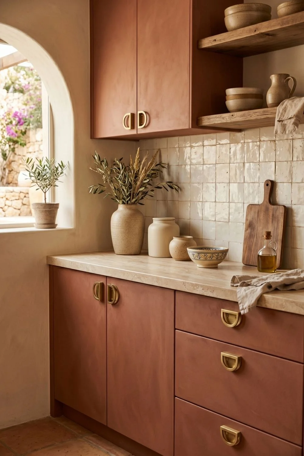 warm clay terracotta-adjacent kitchen cabinets with brass hardware and pale sandy stone countertop ceramic vessels
