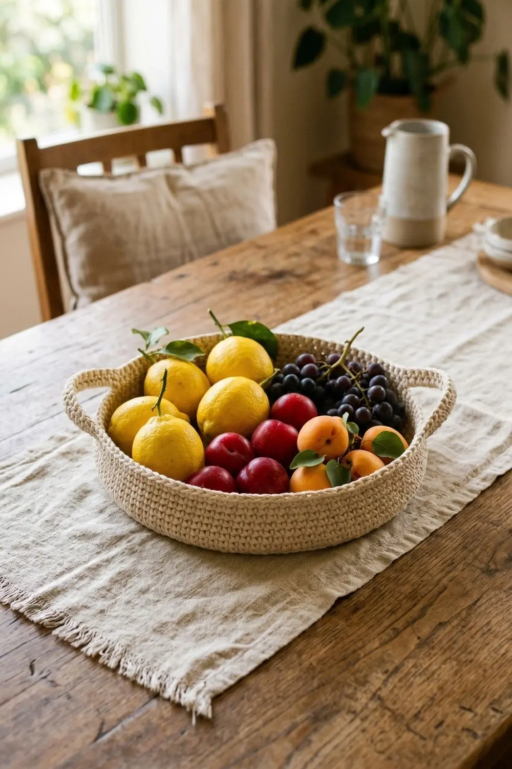 9 Crochet Basket Ideas for Every Room: When Storage Finally Looks Like Decor 8 Wide low-profile crochet basket in natural cotton holding seasonal fruit on a dining table