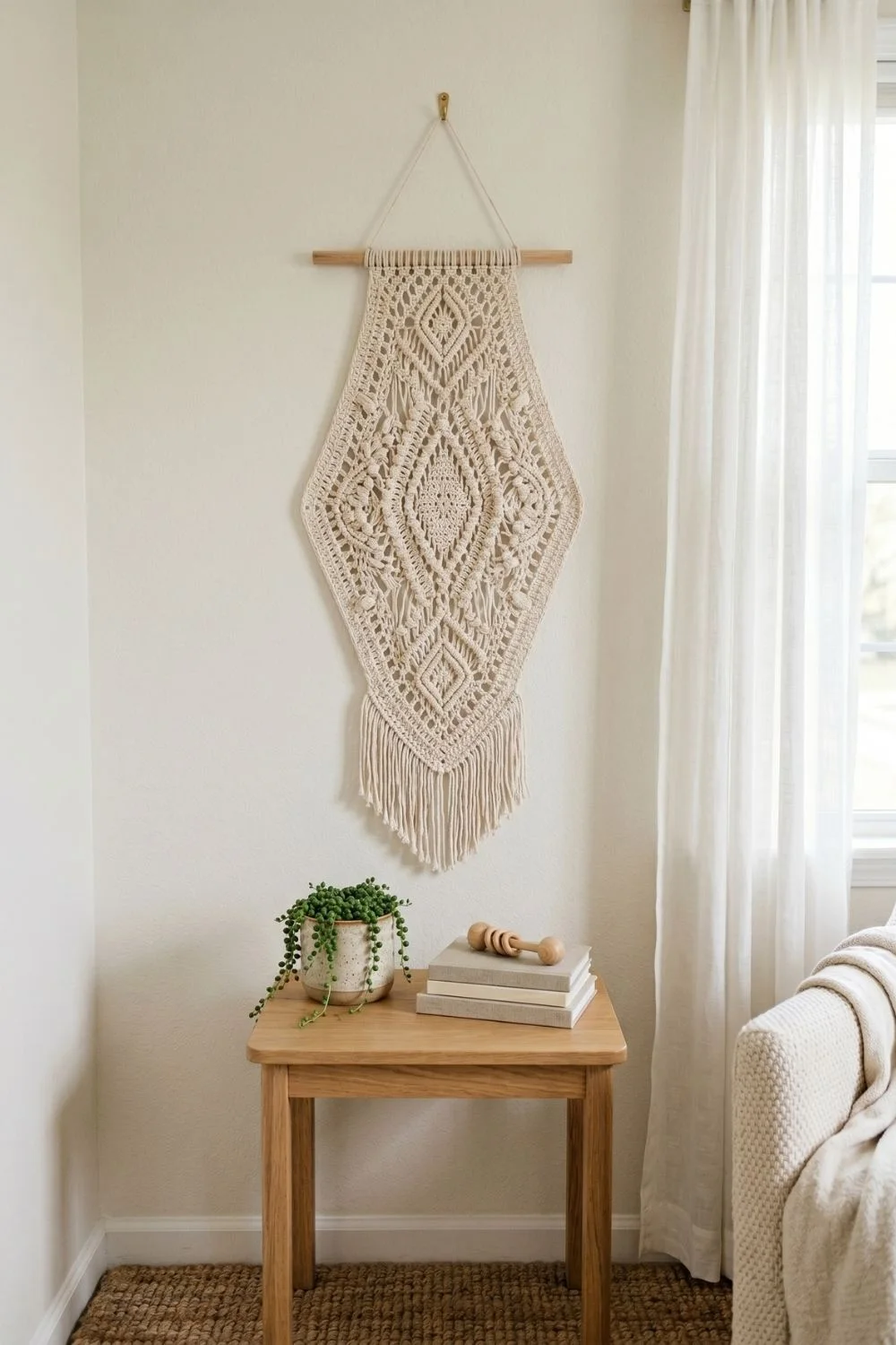 8 Crochet Wall Hanging Ideas for a Calm Nursery Corner: Soft Designs Worth Saving 8 Natural cotton crochet diamond drop wall hanging with lacy open-work texture