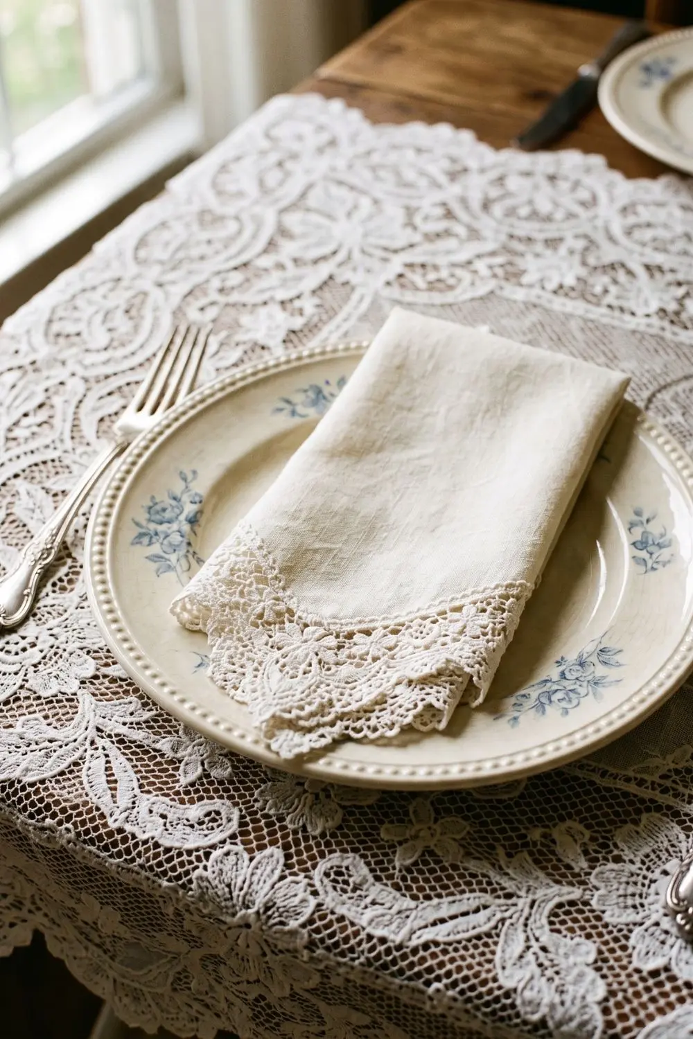Folded linen napkin with delicate lace trim resting on a blue floral plate atop a lace tablecloth