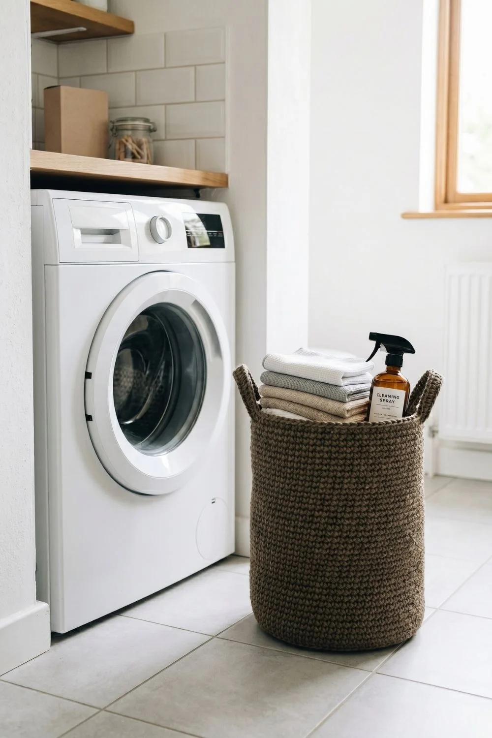 9 Crochet Basket Ideas for Every Room: When Storage Finally Looks Like Decor 9 Tall dark jute crochet basket beside a washing machine holding cleaning cloths