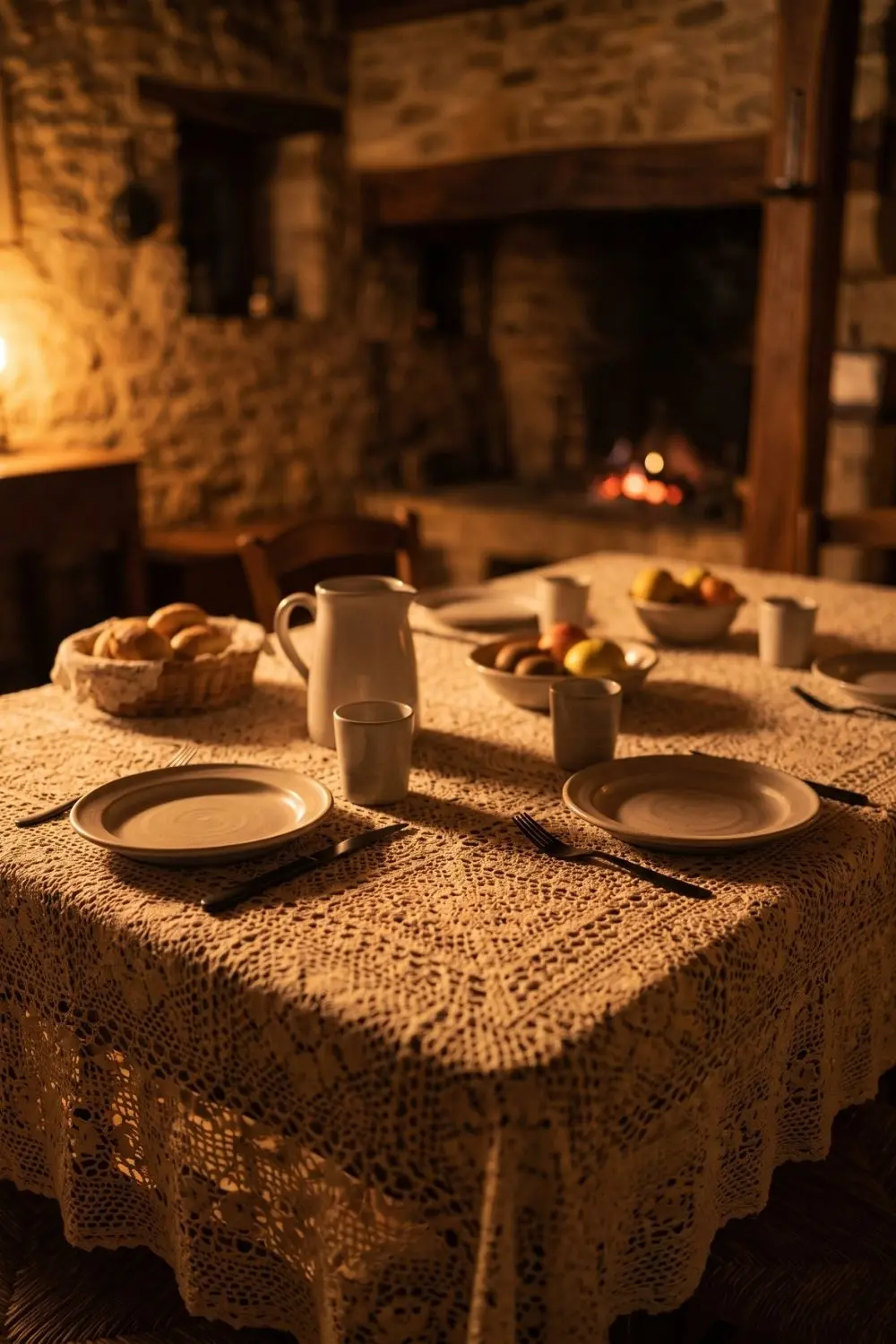 Farmhouse dinner table with a lace tablecloth set near a glowing stone fireplace for warm ambient light