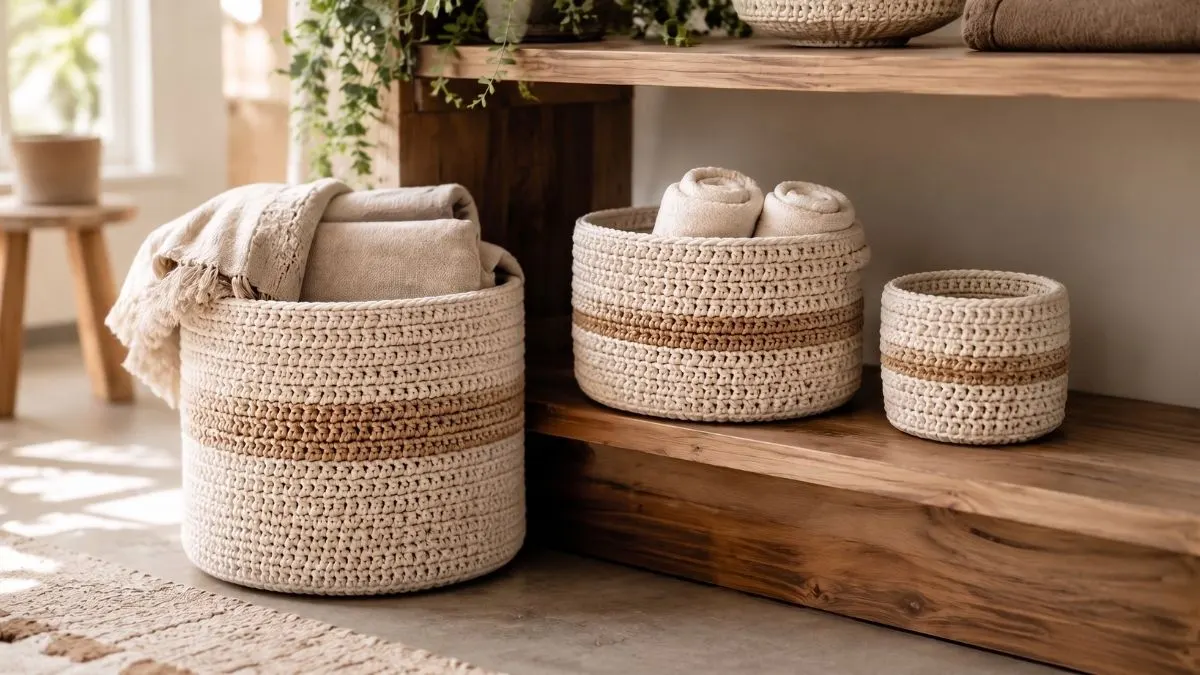Three crochet baskets in cream and natural cotton on open wooden shelving