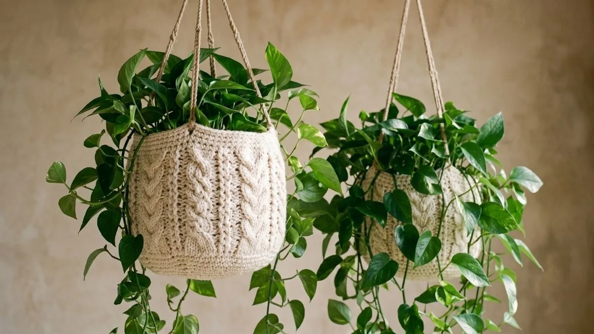 Two detailed cream cable-knit crochet hanging baskets holding lush cascading pothos plants against a textured beige wall in a minimalist indoor garden.