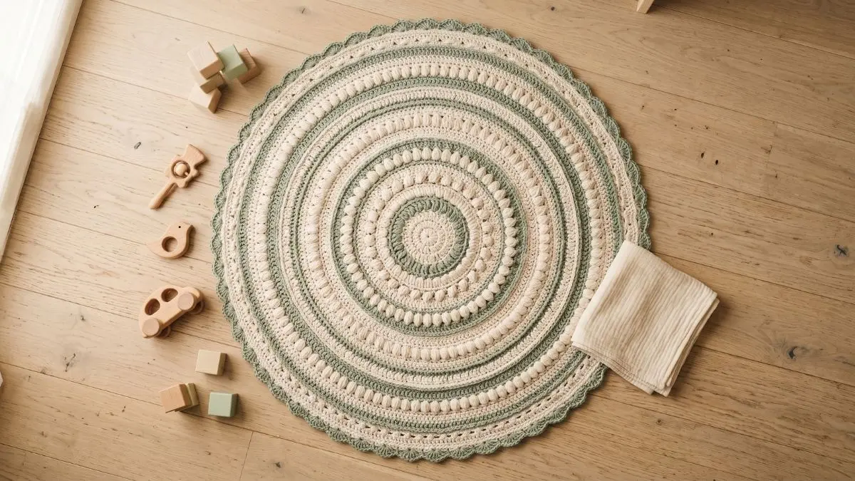 Round ivory and sage green crochet play mat on a natural wood nursery floor, overhead flat lay